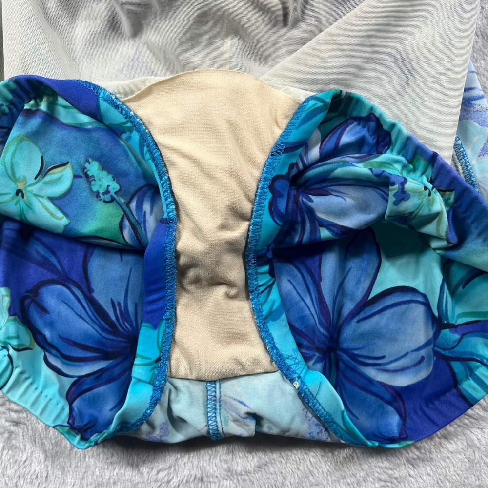 Le Cove Blue Tropical Hibiscus Floral Ruched One Piece Swimsuit Tummy Control 14 - Picture 7 of 8